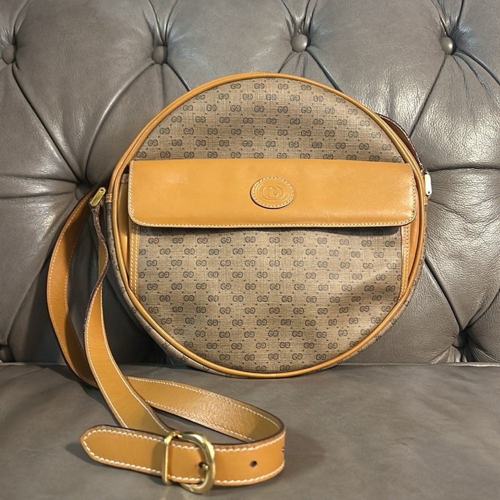 Gucci Round Canteen Crossbody Bag Vintage Rare Micro GG Circle Messenger XL - Picture 1 of 17